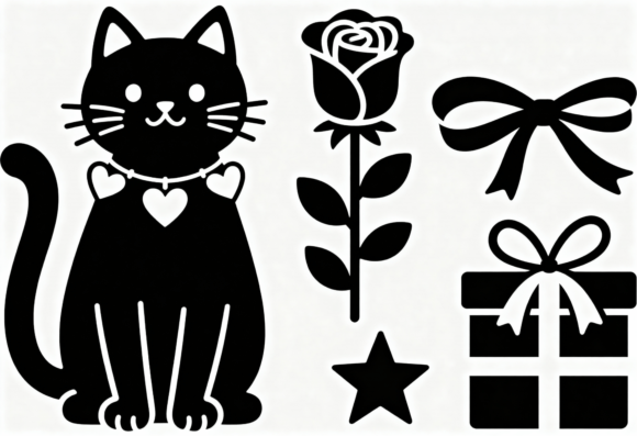 Download Cute Black Cat Rose Gift Bow Star SVG - Black Collection